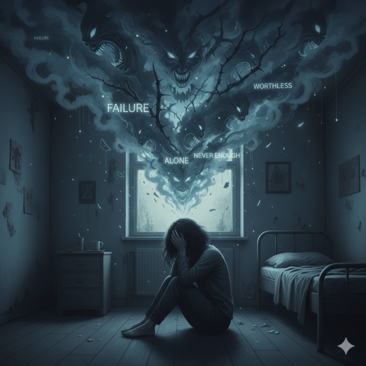This image is in shades of grey. A woman sits on bare floorboards with a metal bed behind her, a small chest of drawers, and there are pictures on the wall. Her knees are drawn up, her head is in her hands, and she is despairing. Above her is an image with devilish faces, thorny branches, grey clouds, and the words failure, worthless, alone, never enough.
