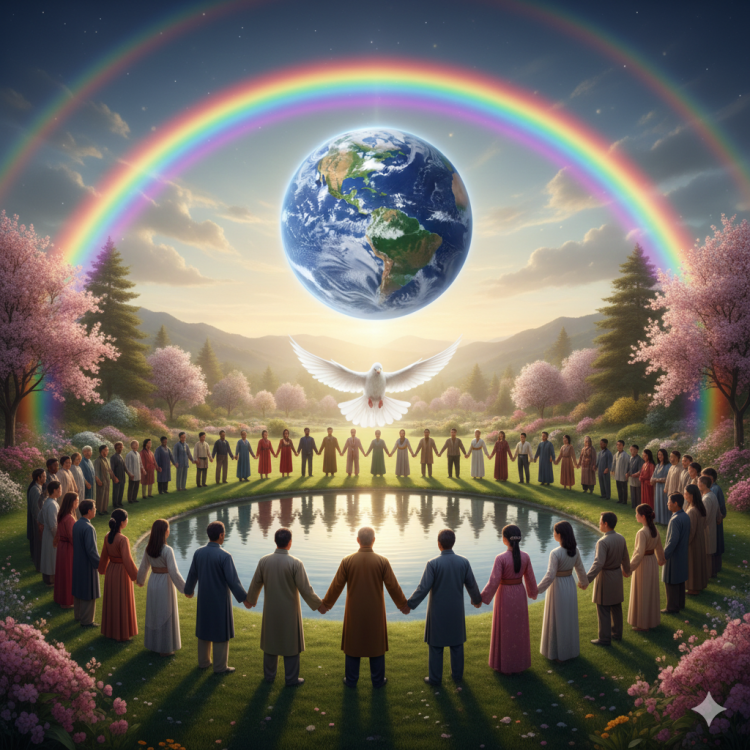An AI generated image depicting world peace and all the races on the planet, with a world below a double rainbow, and a dove floating above a lake in the foreground.