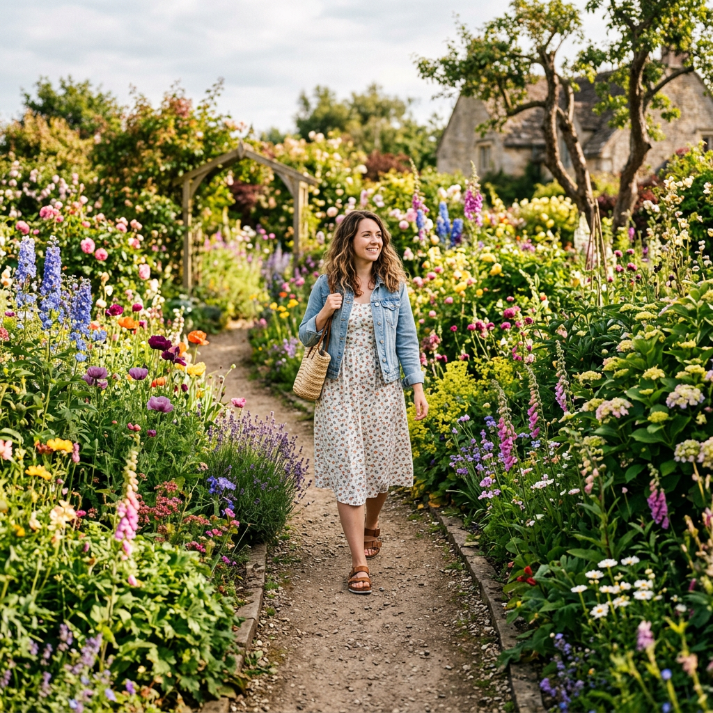 Woman walking through a garden path surrounded by colorful blooming flowers