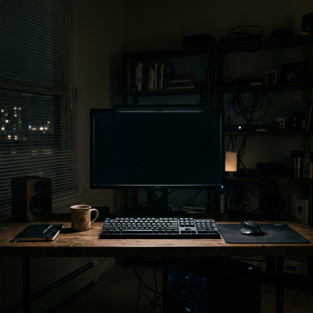 Dark computer monitor with keyboard, mouse, notebook, and coffee mug on wooden desk